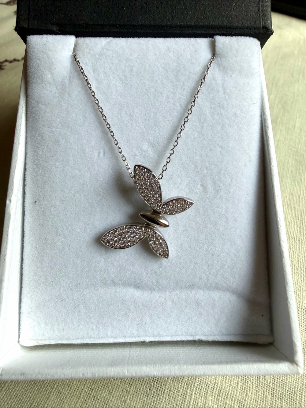 925 Sterling Silver Crystal Butterfly Pendant Necklace - Silver